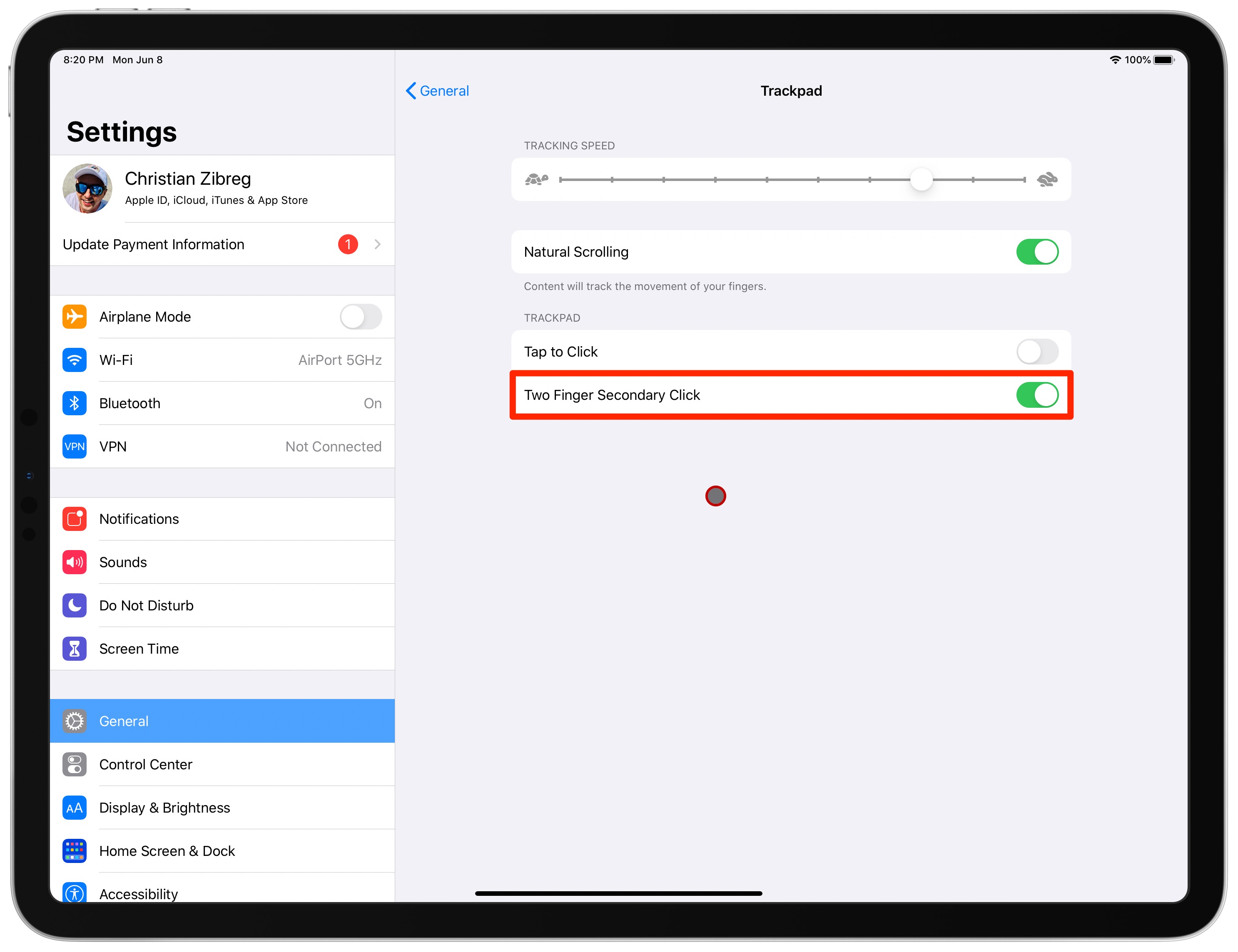 Fare clic con il pulsante destro del mouse sull'esercitazione relativa al clic secondario con due dita per iPad
