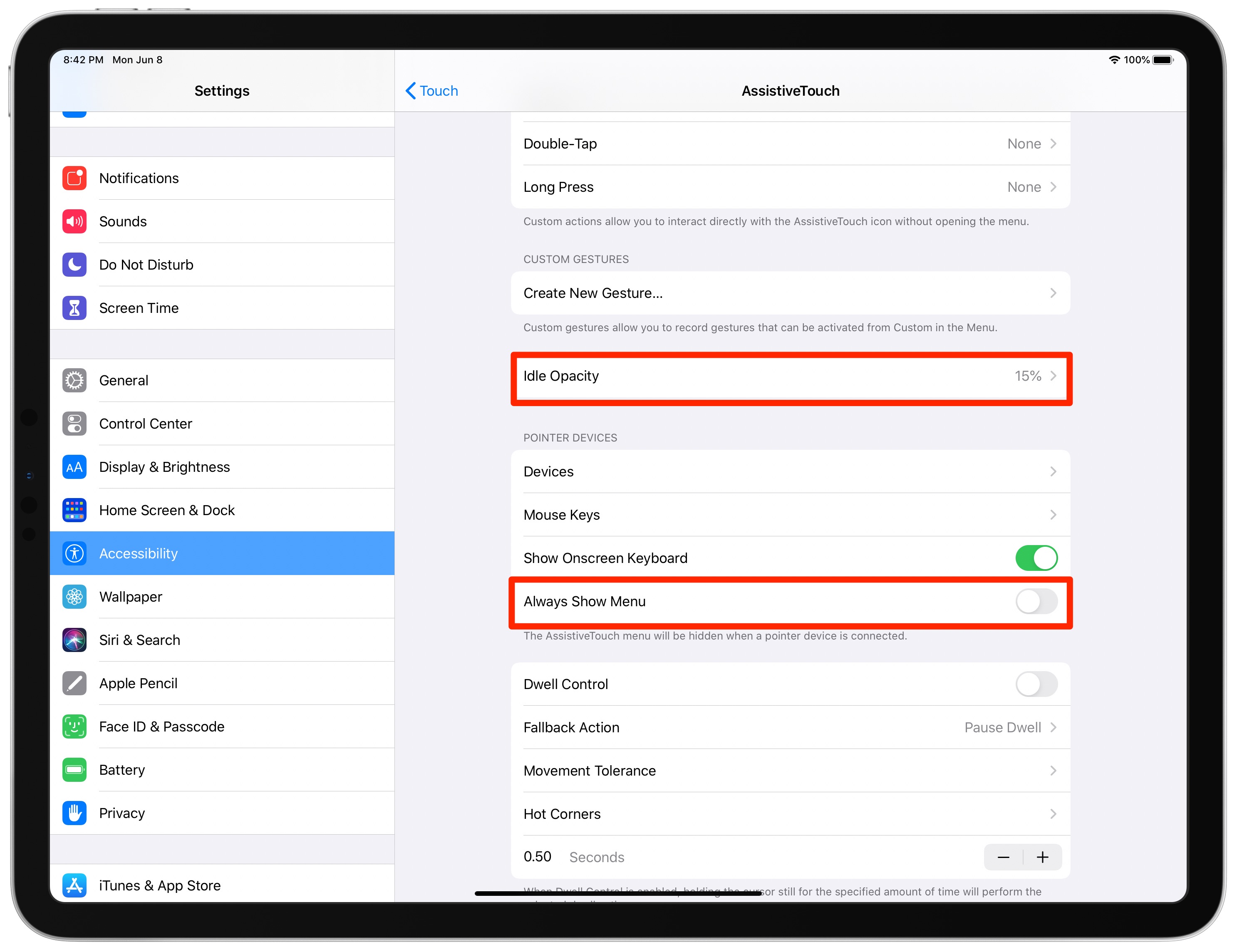 Opzioni per il menu AssistiveTouch meno invadente