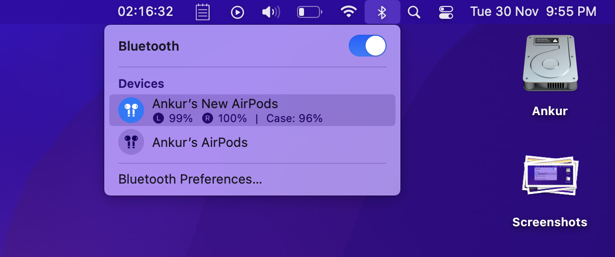 Percentuale della batteria di AirPods su Mac