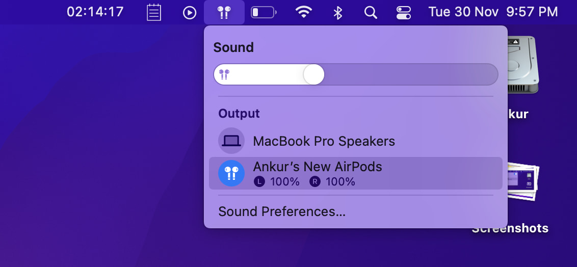 Batteria AirPods facendo clic sull'icona AirPods nella barra dei menu del Mac