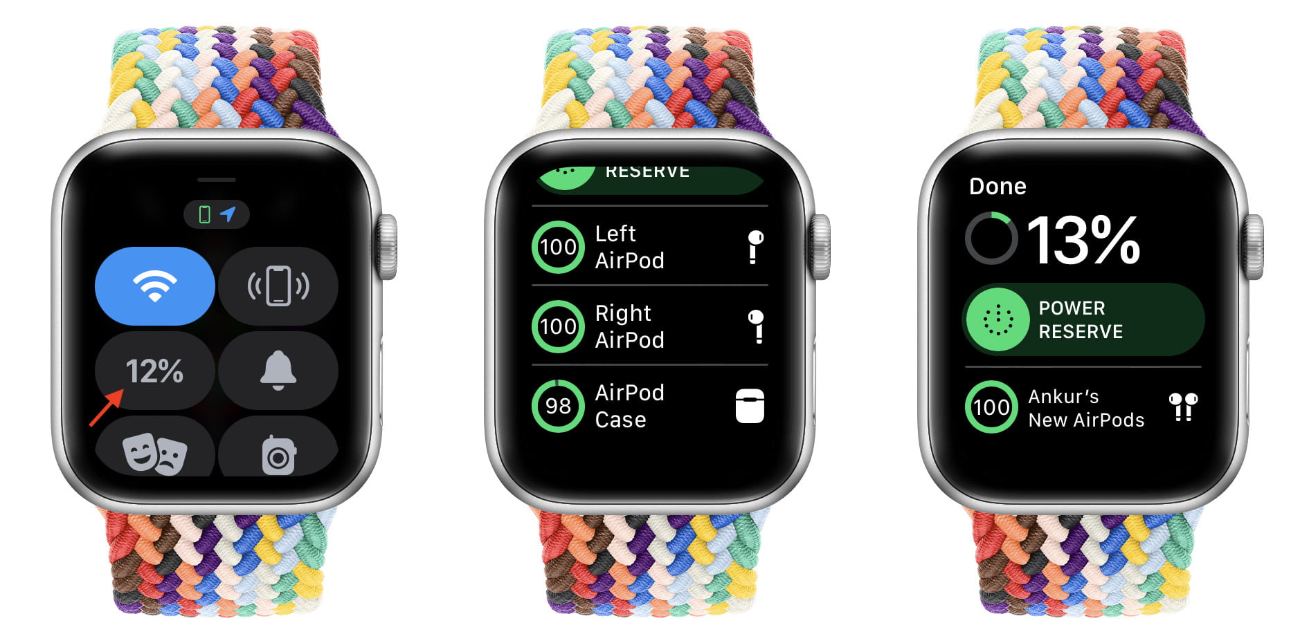 Percentuale della batteria degli AirPods nel Centro di controllo di Apple Watch