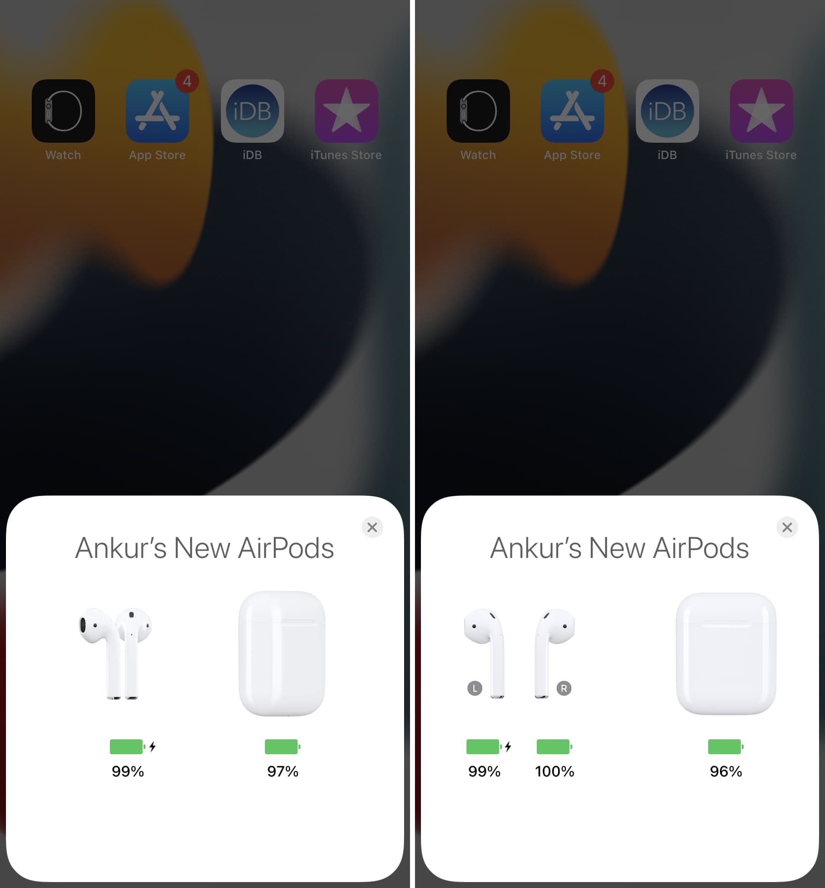 Animazione percentuale della batteria di AirPods e Case su iPhone