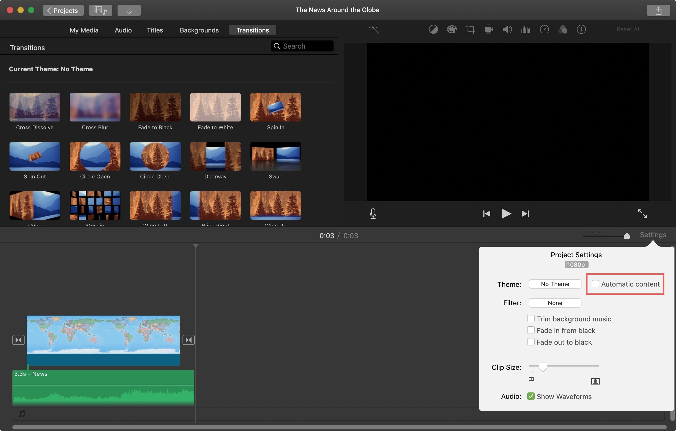 Rimuovere la transizione automatica iMovie Mac