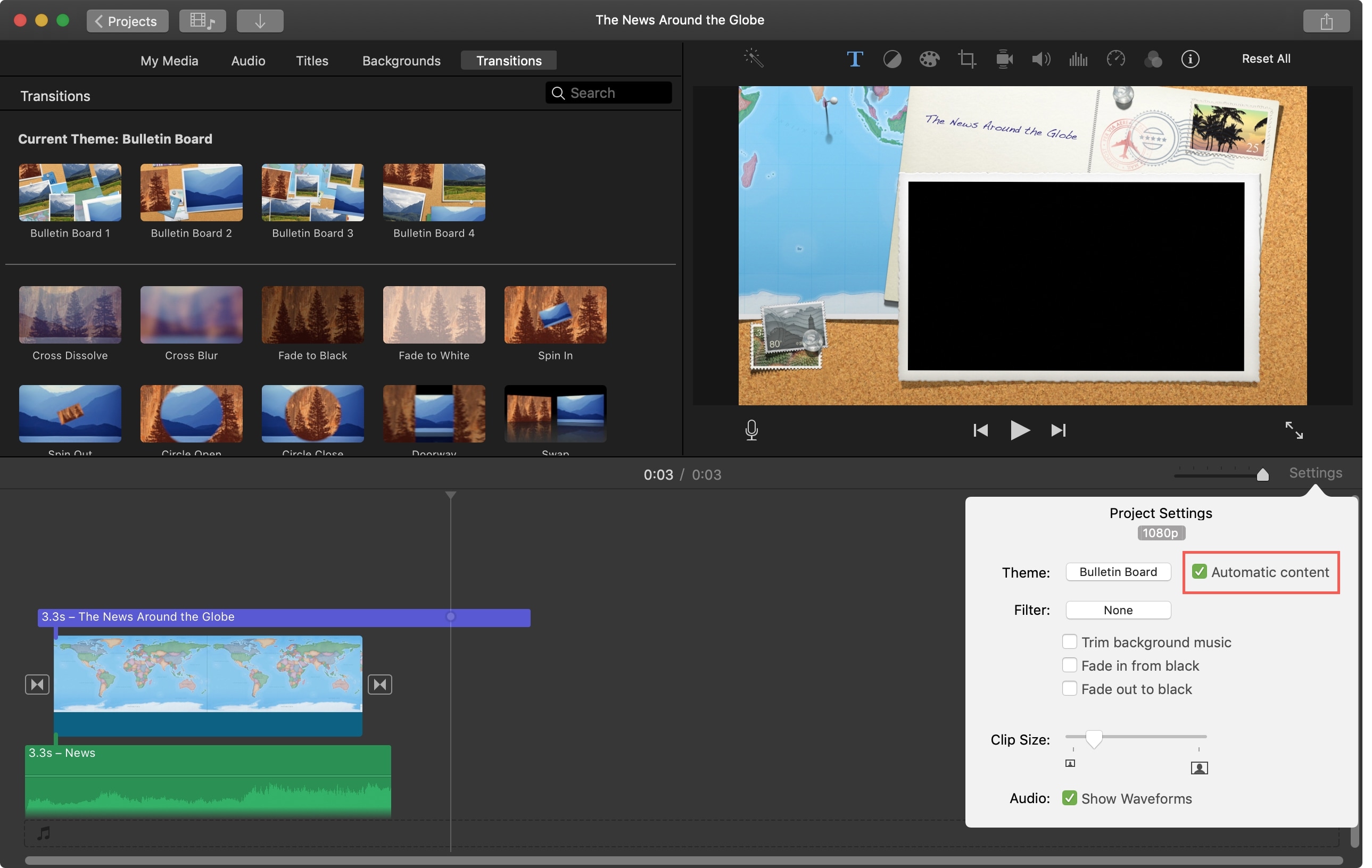 Aggiungi iMovie Mac con transizione automatica