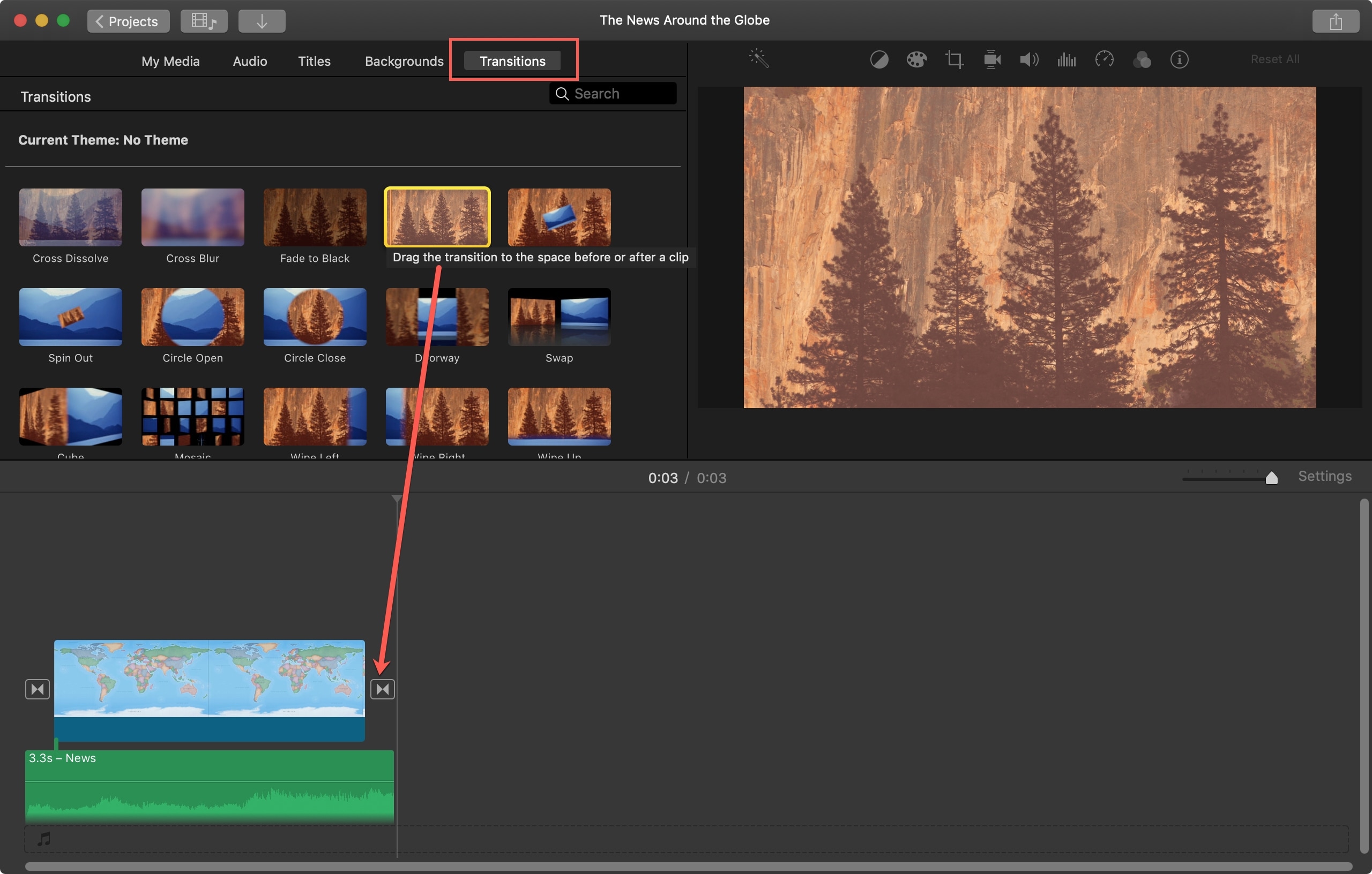 Aggiungi transizione manualmente iMovie Mac