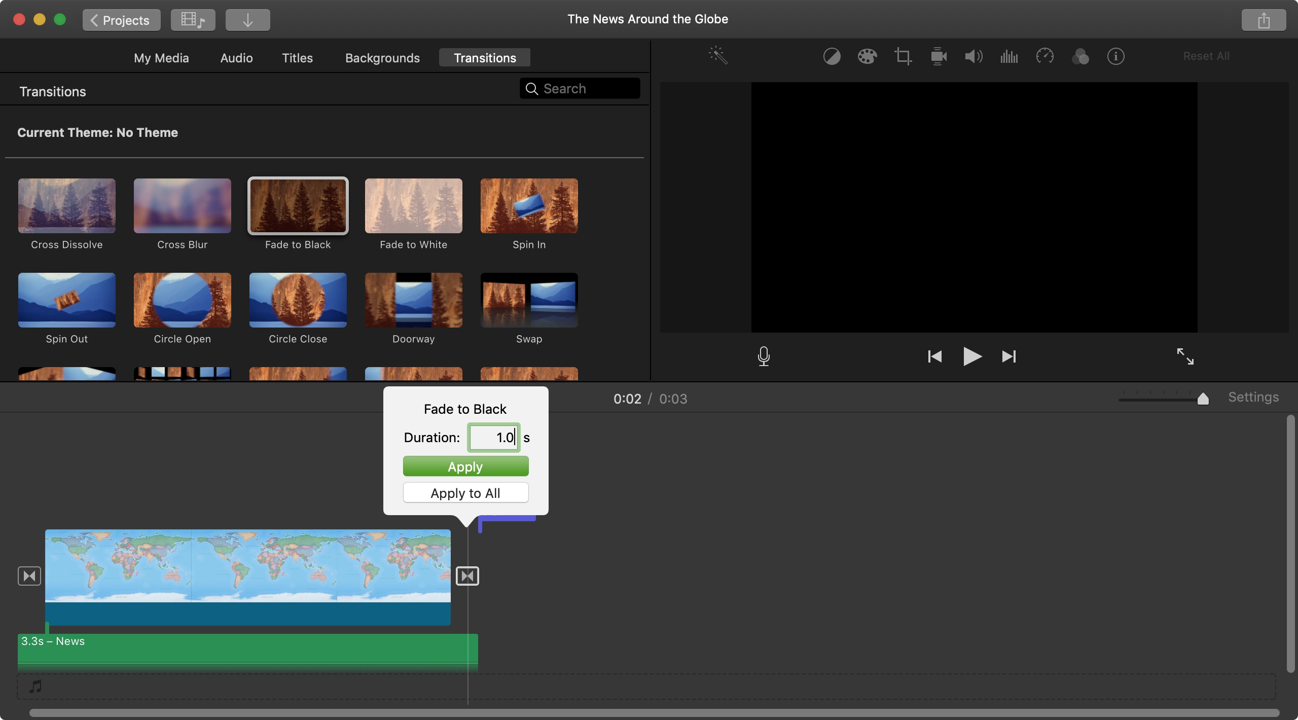 Modifica la durata della transizione iMovie Mac