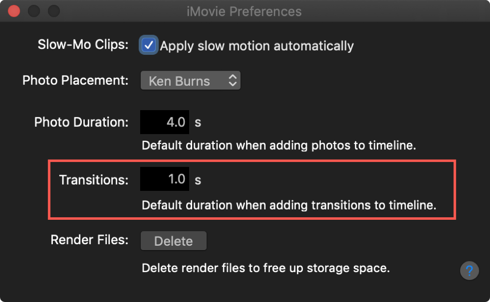 Modifica la durata predefinita della transizione iMovie Mac