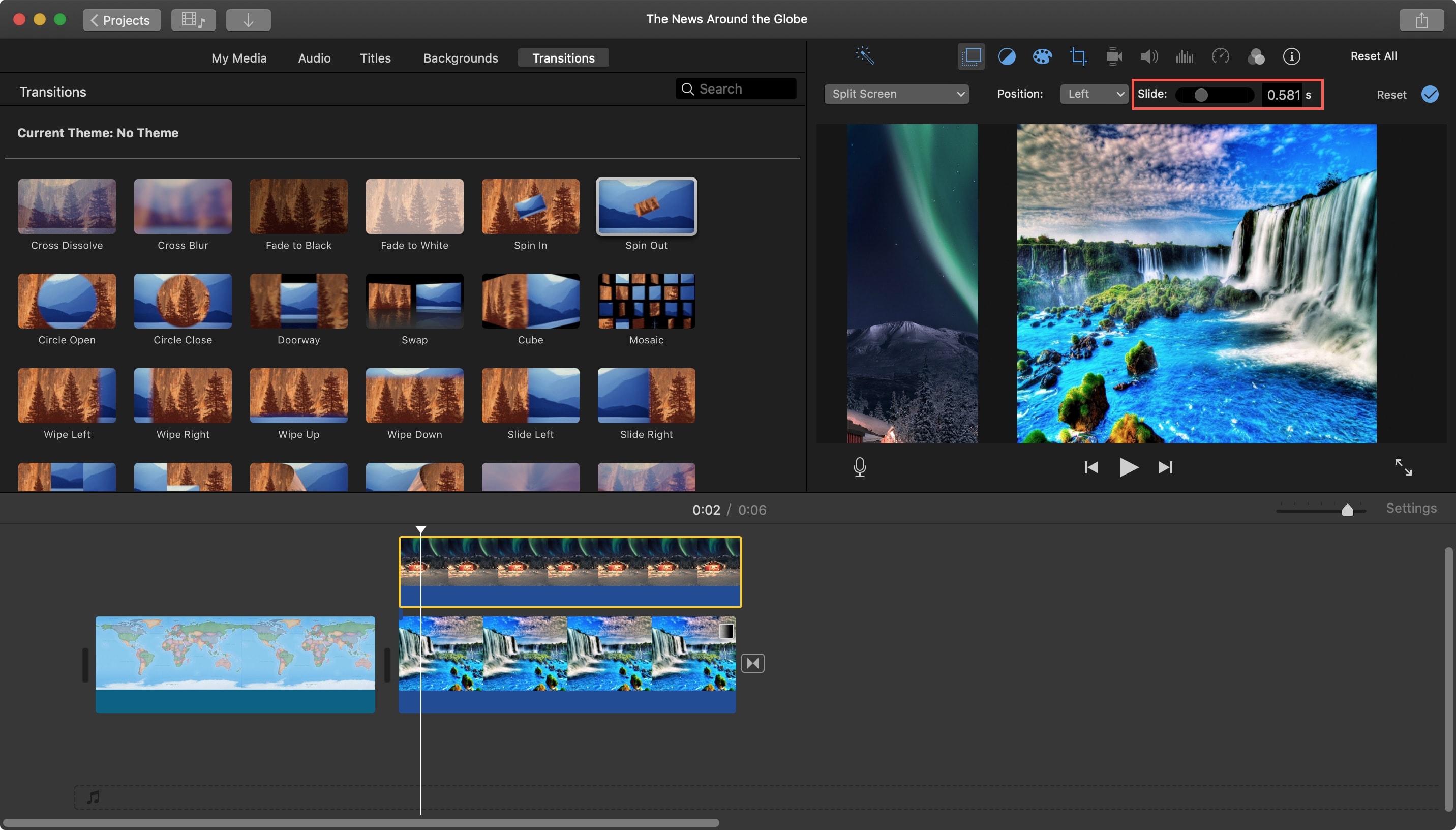 iMovie con transizione a schermo diviso Mac