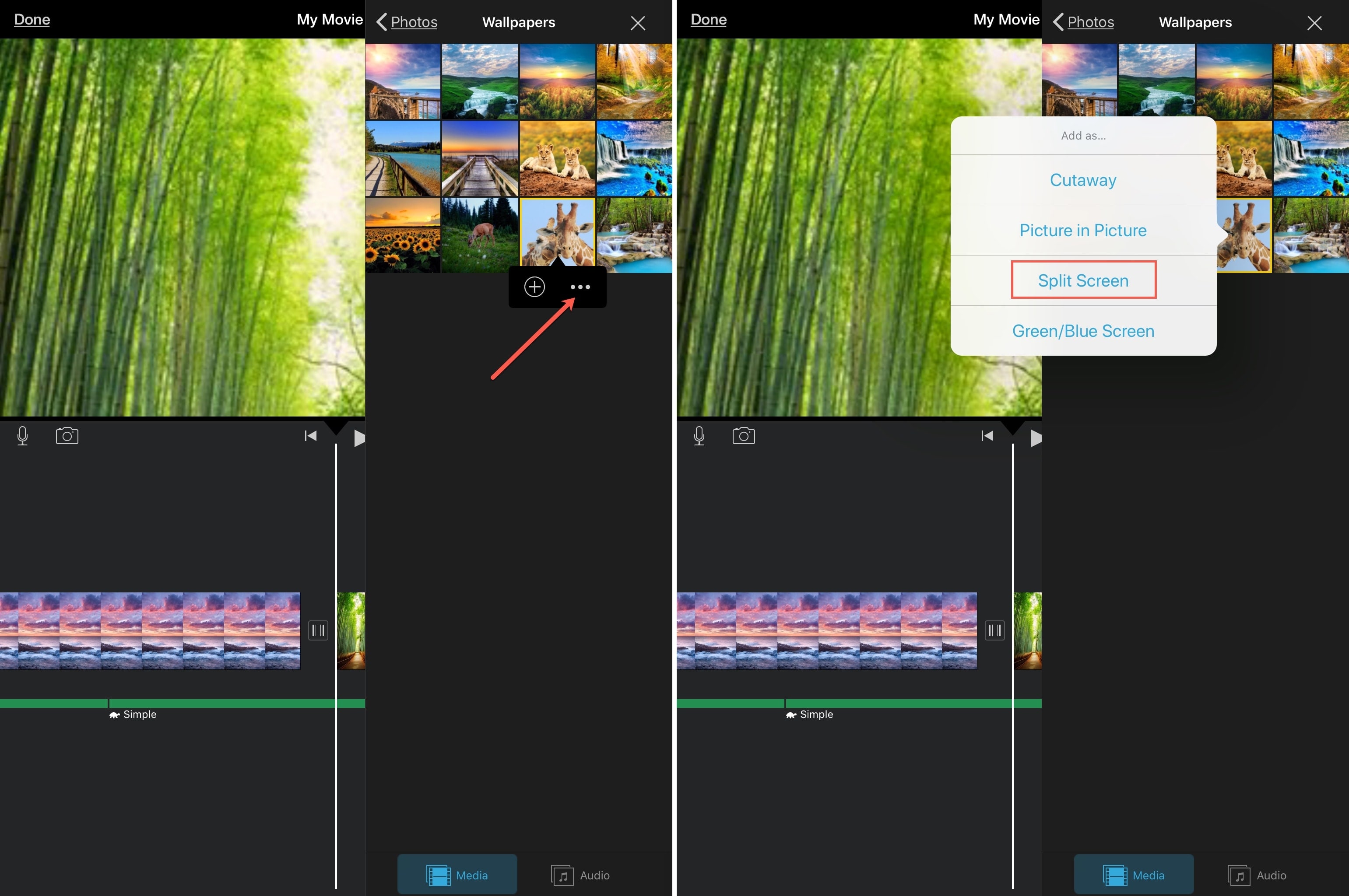 iMovie Aggiungi clip per iPad con schermo diviso