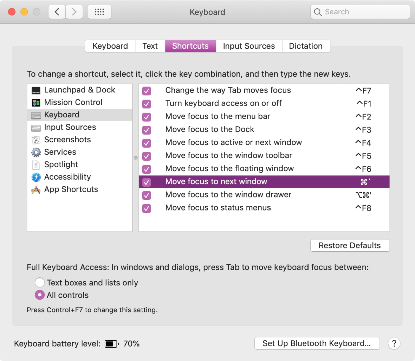 Scorciatoie da tastiera in Preferenze di Sistema Mac