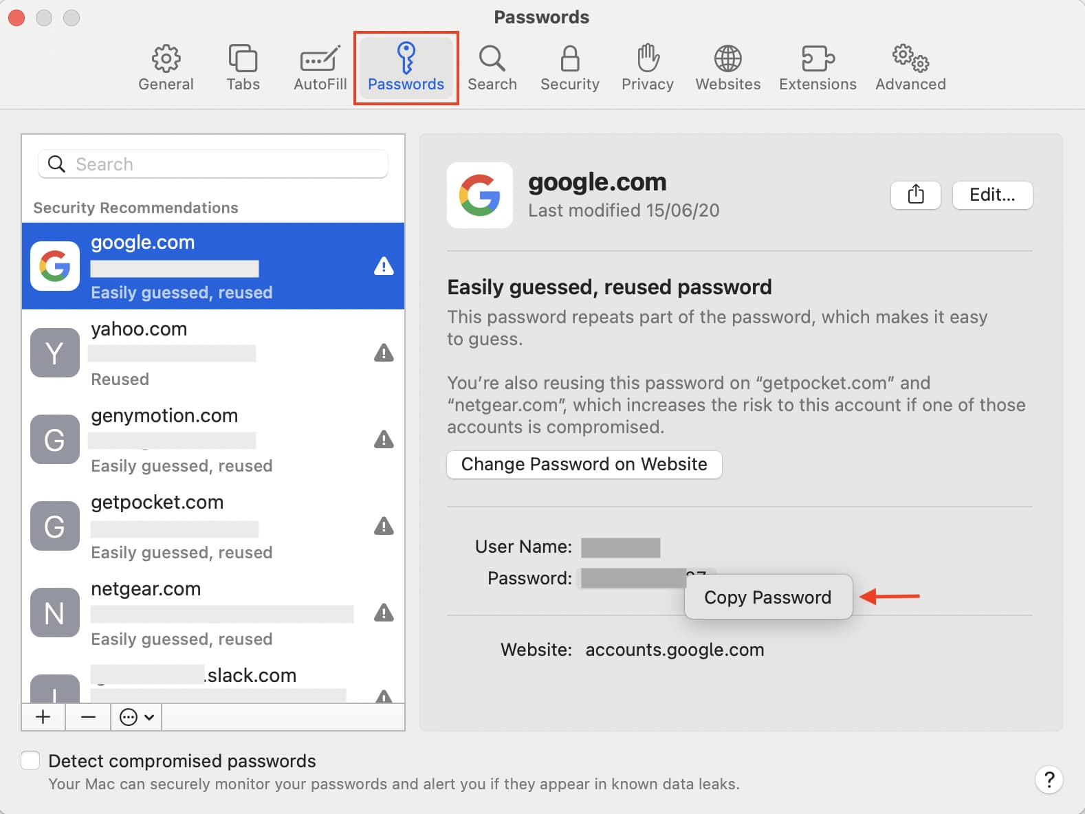 Visualizza la password del portachiavi iCloud in Safari su Mac