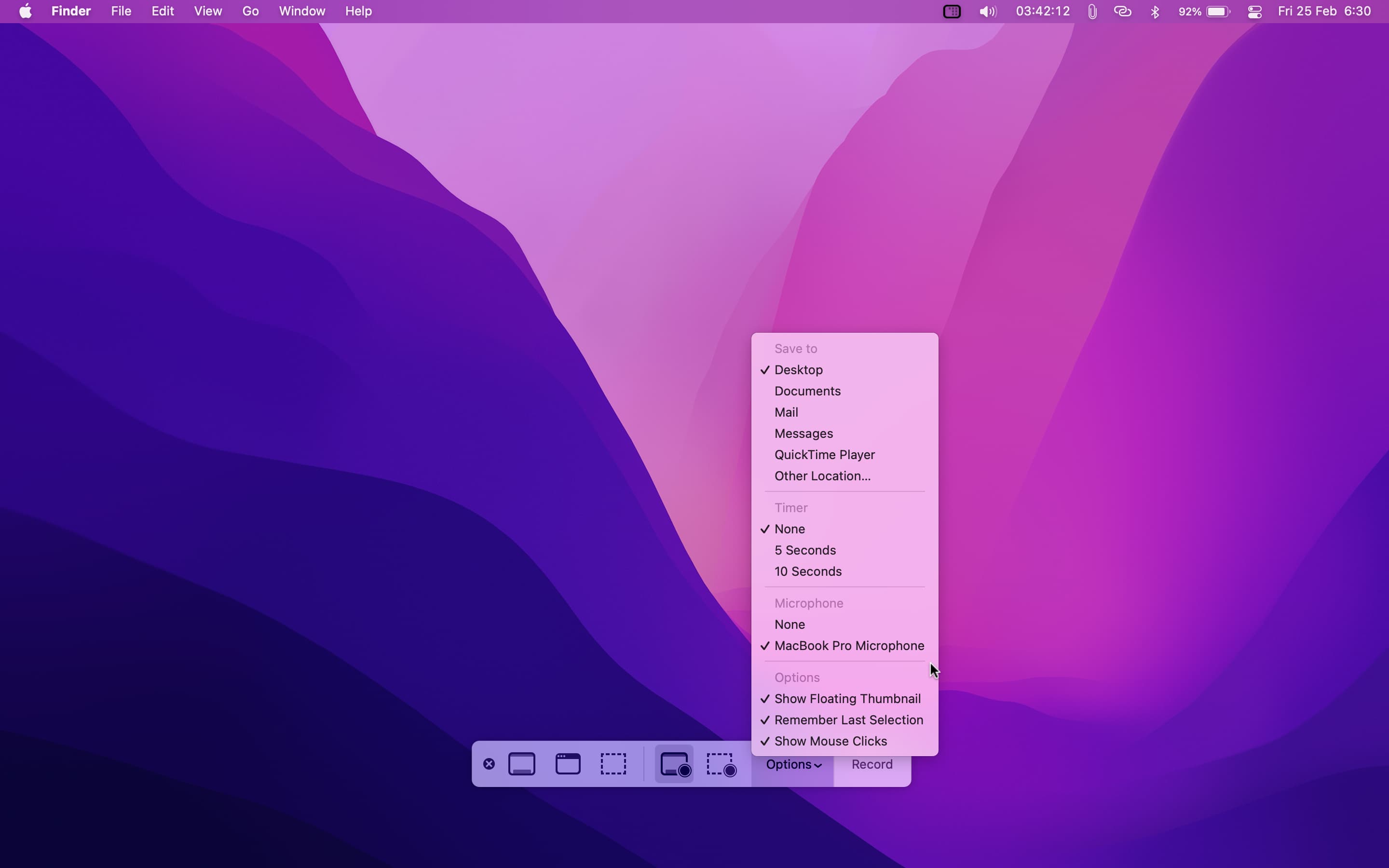 Opzioni di registrazione dello schermo su Mac
