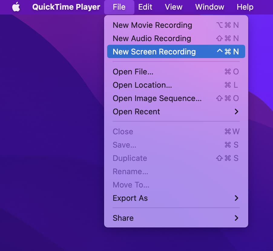 Nuova registrazione dello schermo in QuickTime Player su Mac
