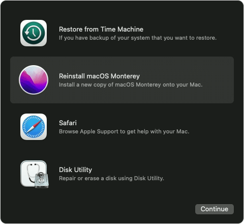 Schermata di ripristino di macOS Monterey