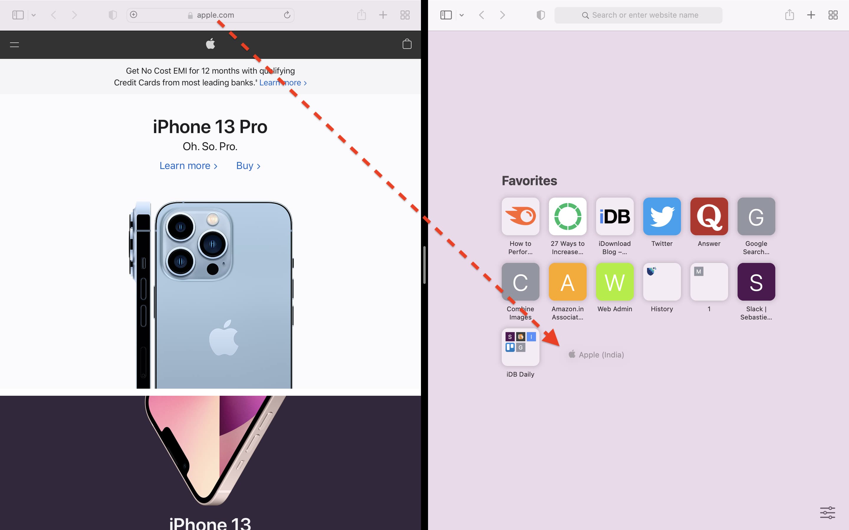 Usa la vista divisa per aggiungere ai Preferiti in Safari del Mac