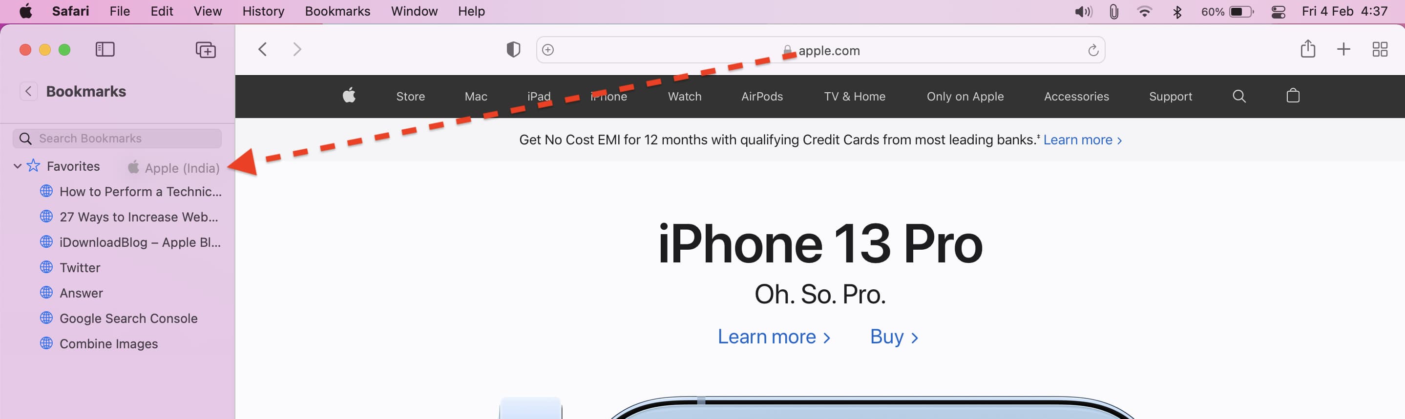 Trascina l'URL su Preferiti nella barra laterale di Safari su Mac