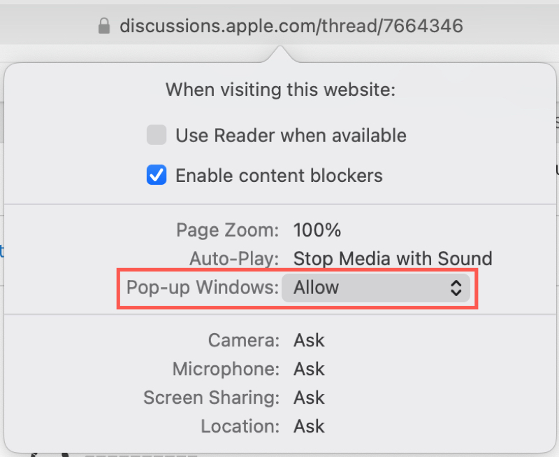 Le impostazioni di Safari per questo sito Web consentono i popup su Mac