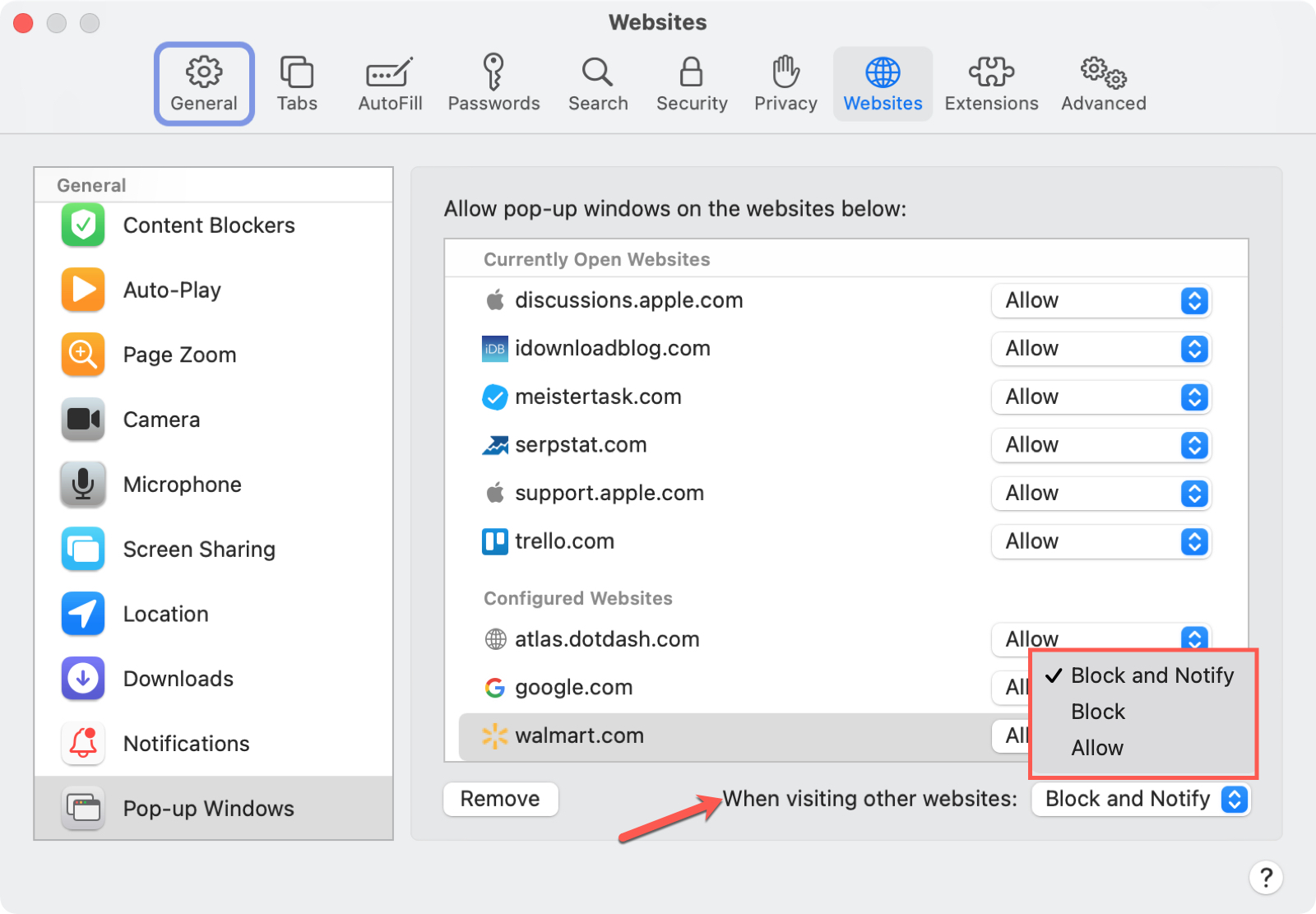 Preferenze di Safari, scheda Siti Web, Impostazioni globali di Windows pop-up su Mac