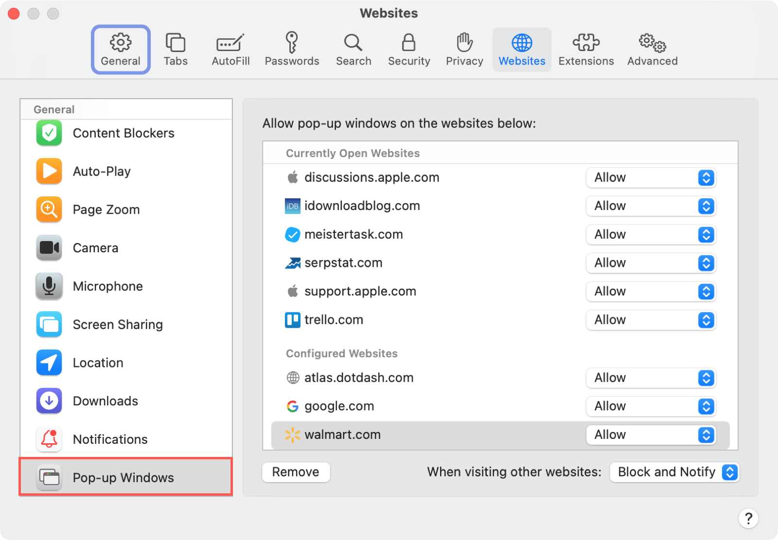 Preferenze di Safari, scheda Siti Web, Impostazioni di Windows pop-up su Mac