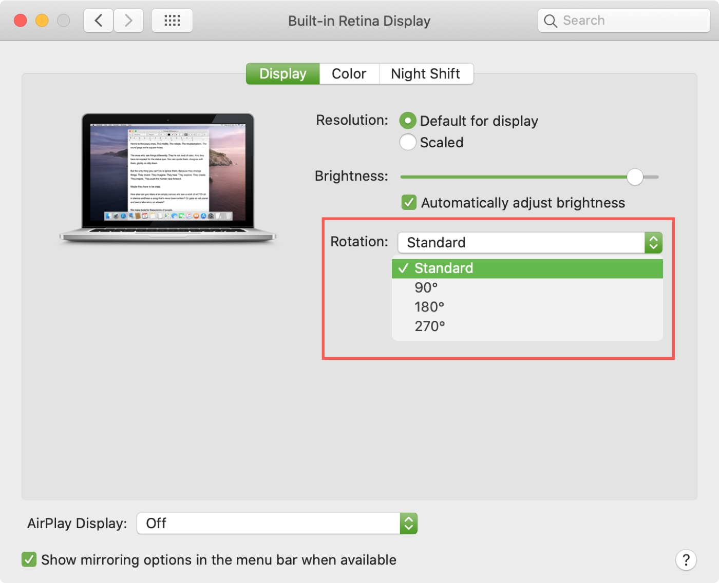 Preferenze di Sistema Visualizza Rotazione Mac