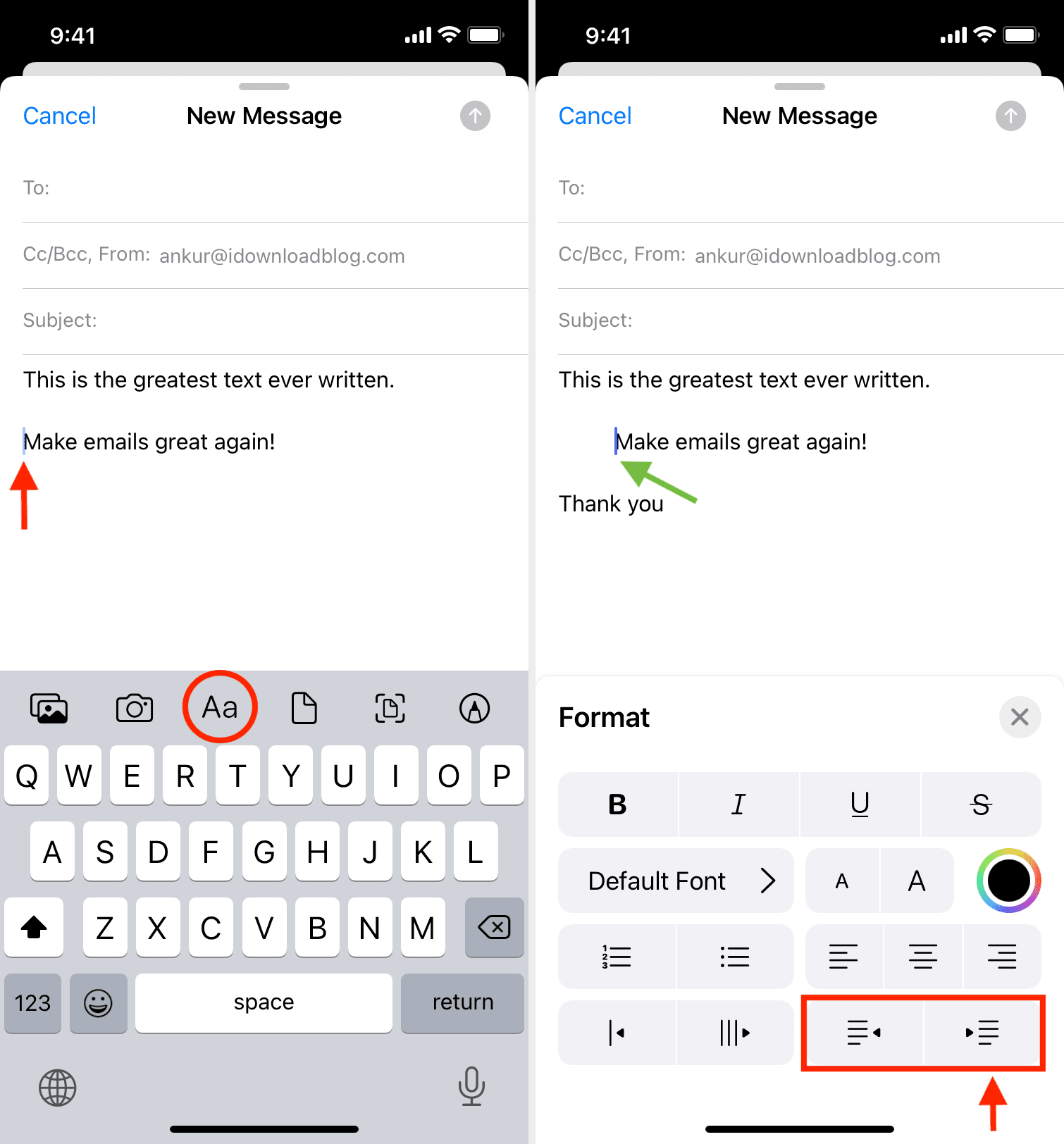 Rientro del testo nell'app Mail su iPhone