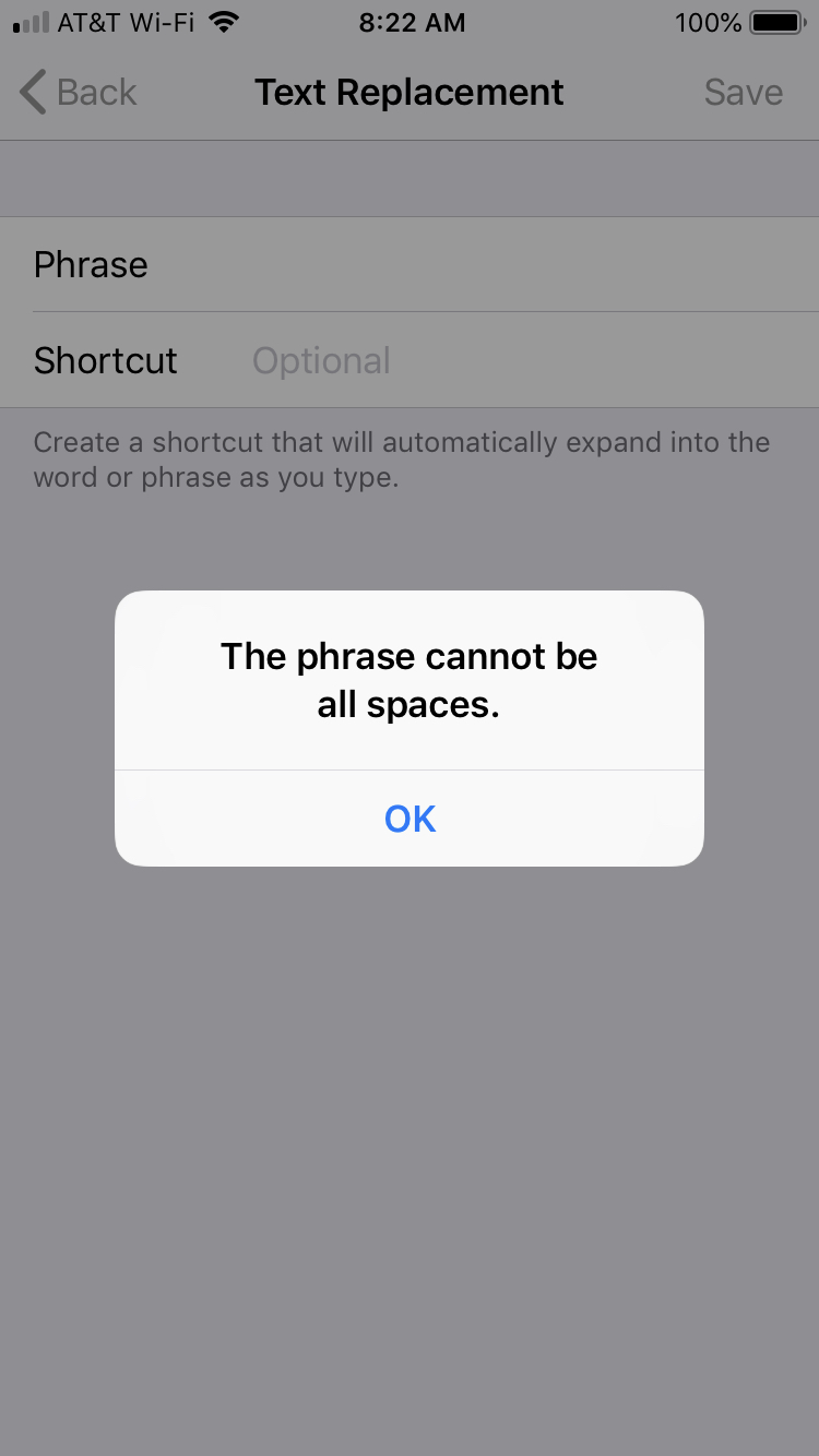 Errore di frase di scelta rapida su iPhone