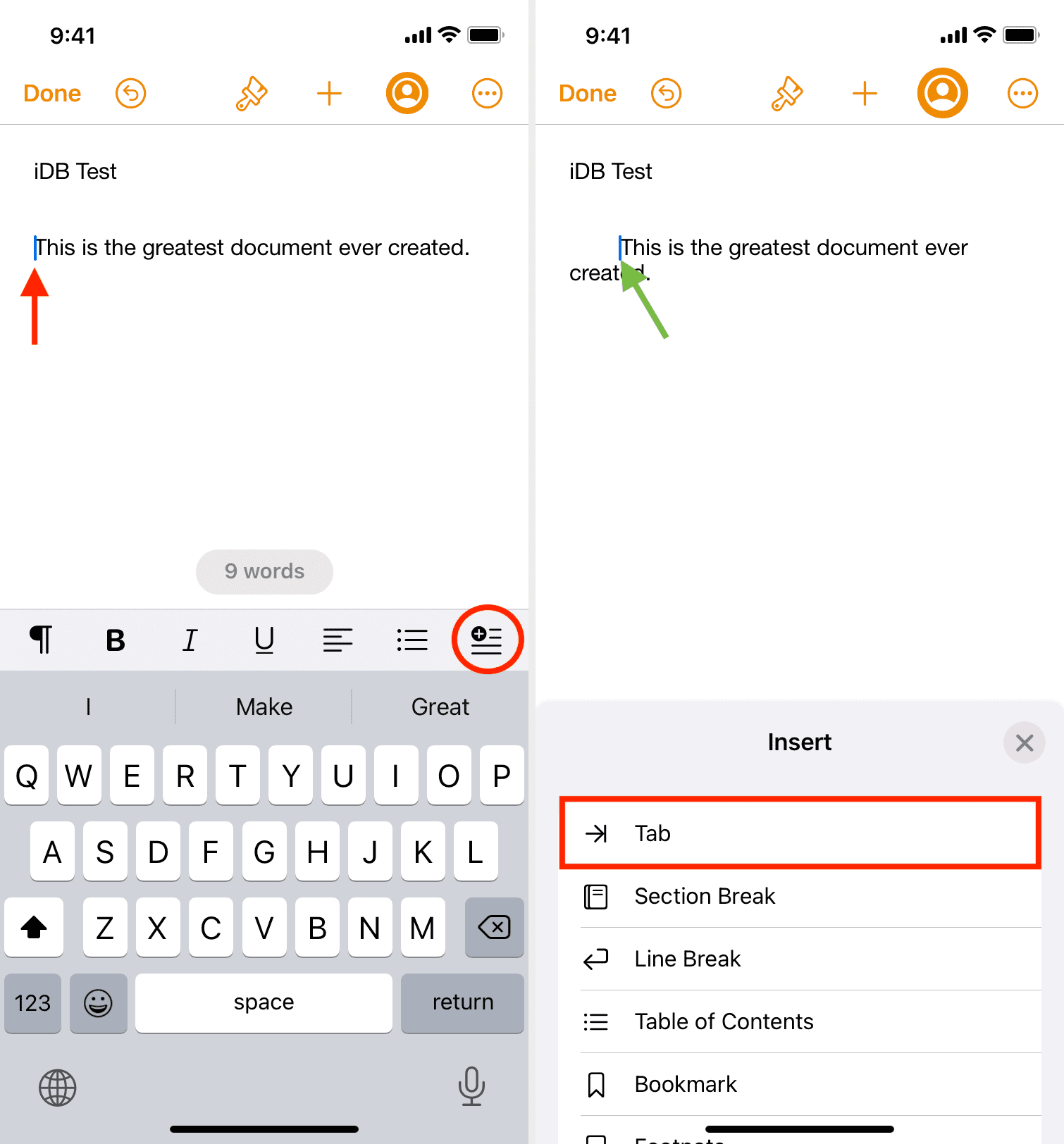 Tasto Tab nell'app iOS Pages