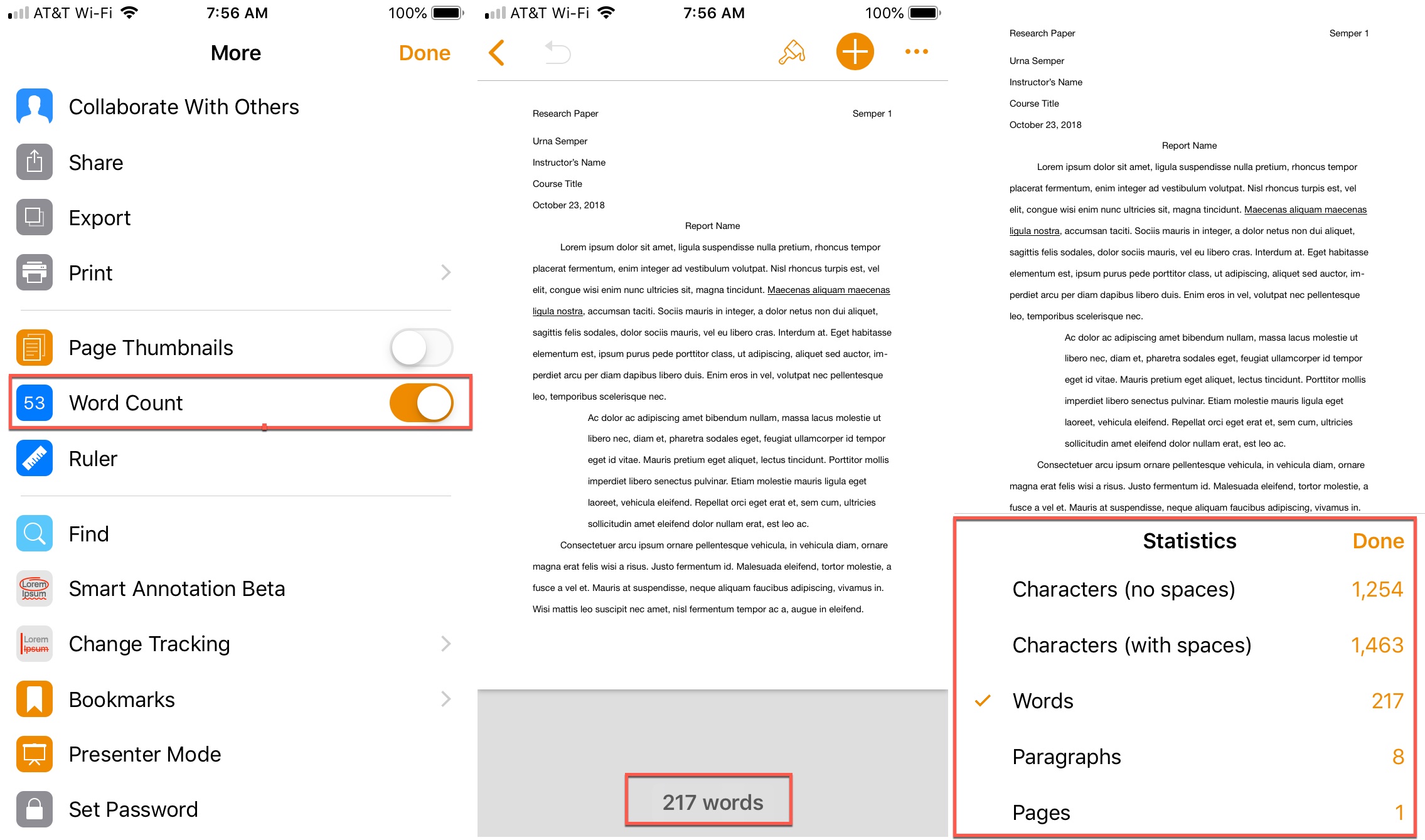 Visualizza pagine Conteggio parole su iPhone