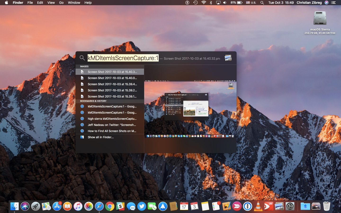 come trovare screenshot su mac con Spotlight