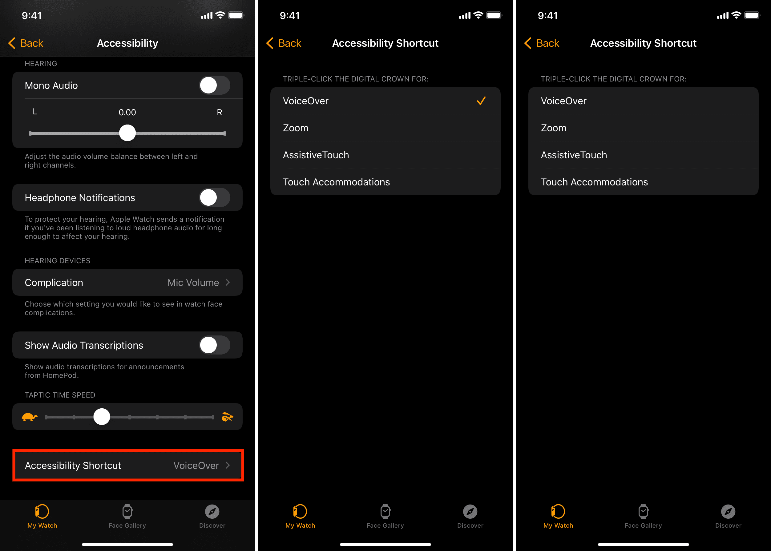 Scorciatoia di accessibilità su Apple Watch