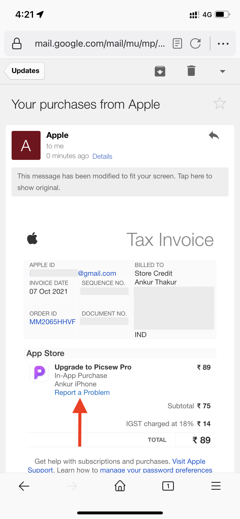 Segnala un problema nell'e-mail che Apple ha inviato come fattura. o fattura