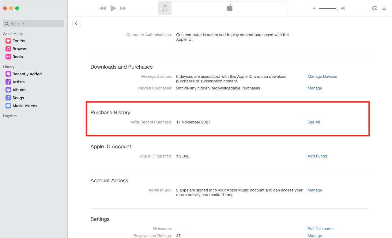Vedi tutto in Cronologia acquisti nell'app Musica su Mac