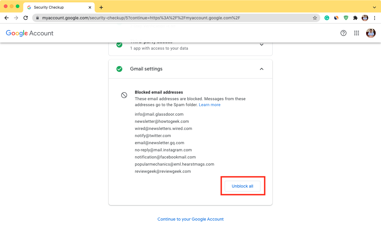 Fai clic su Impostazioni di Gmail e Sblocca tutto