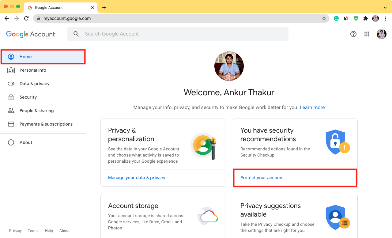 Dal tuo account Google fai clic su Home, quindi su Proteggi il tuo account