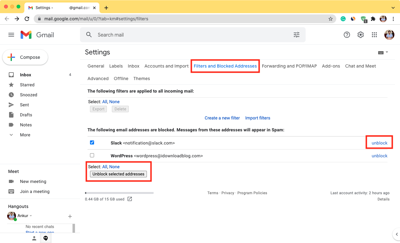 Sblocca uno o più account di posta elettronica selezionati in Gmail sul Web