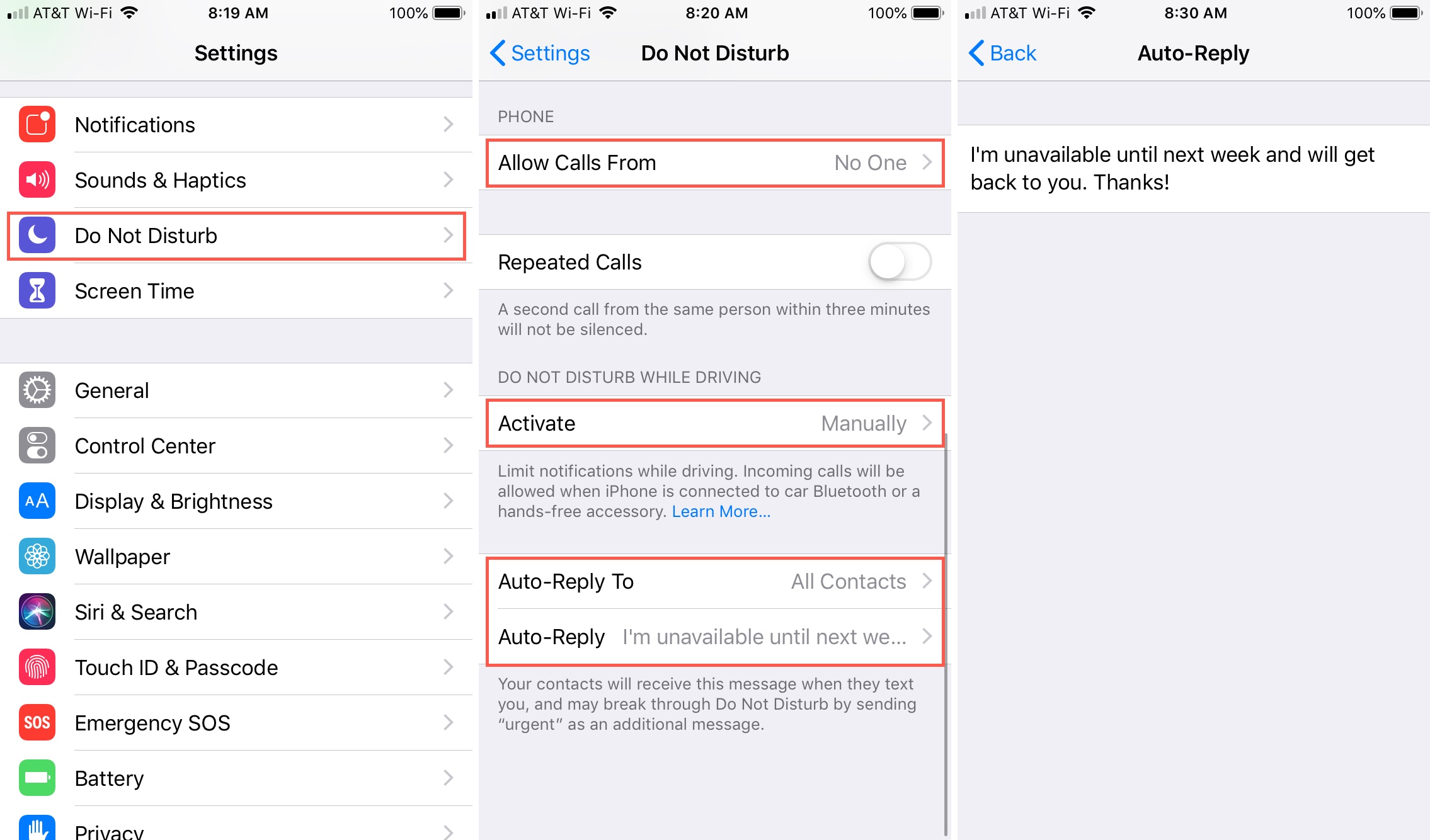 Risposte di testo automatiche per Non disturbare su iPhone