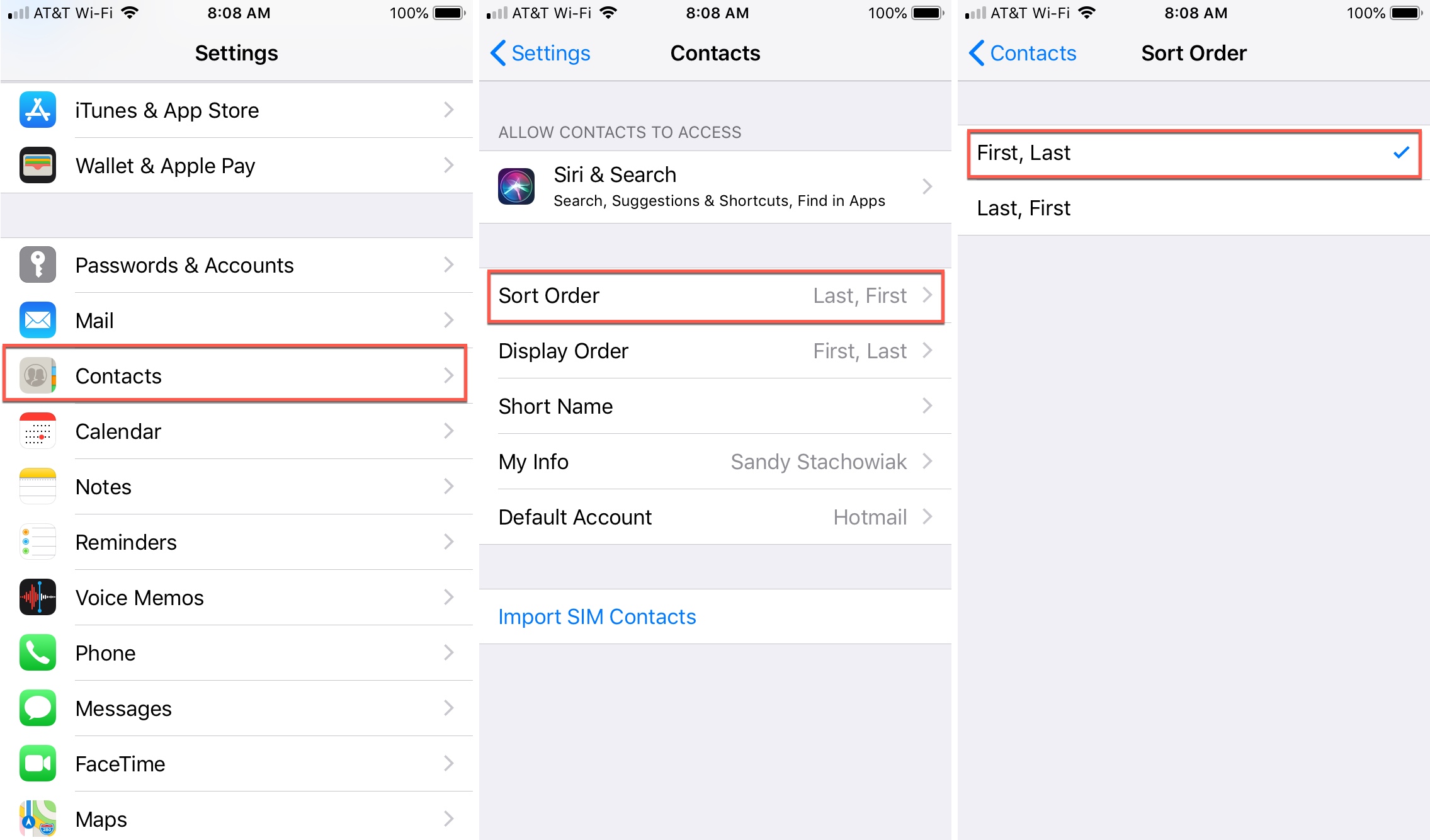 Ordina i contatti per nome su iPhone