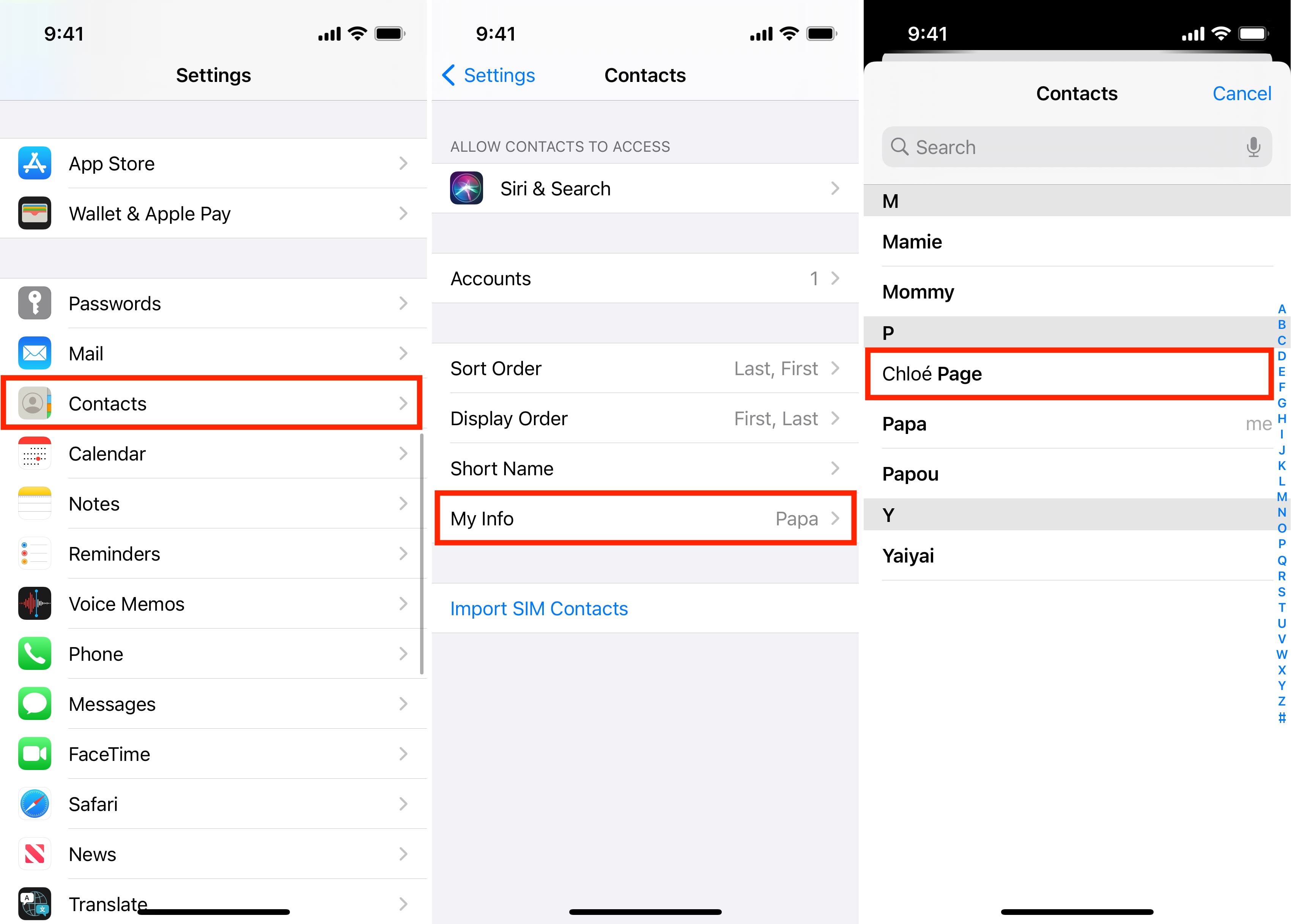 Impostazione corretta delle mie informazioni nelle impostazioni dei contatti di iPhone