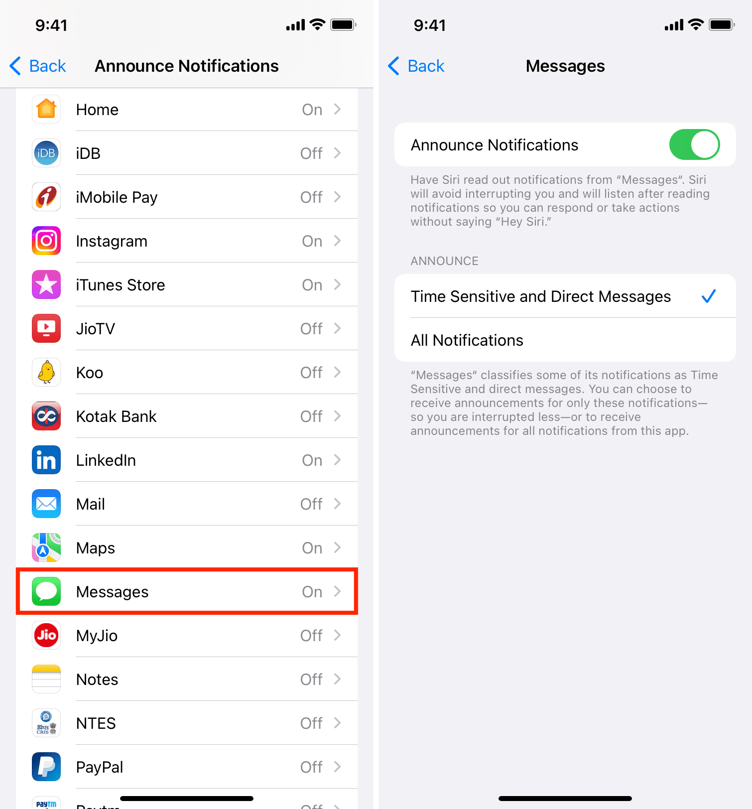 I messaggi Time Sensitive e Direct annunciano le notifiche