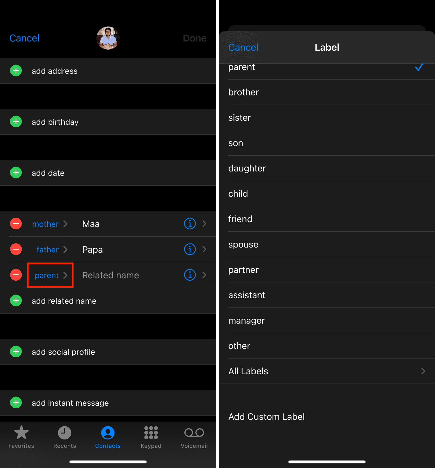 Aggiungi un'etichetta di relazione ai contatti dell'iPhone