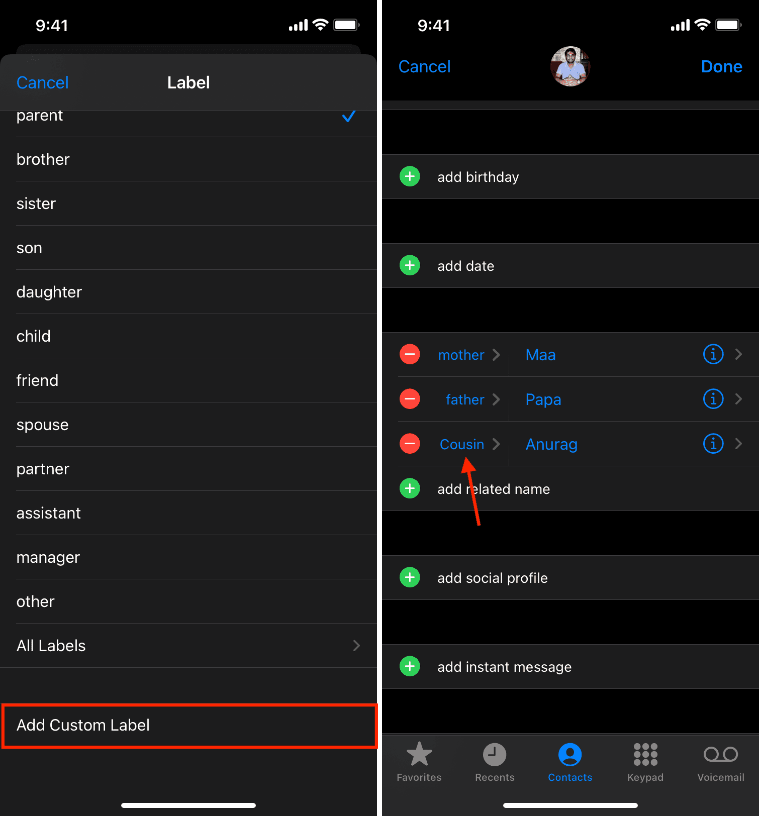 Aggiungi etichetta personalizzata al contatto iPhone