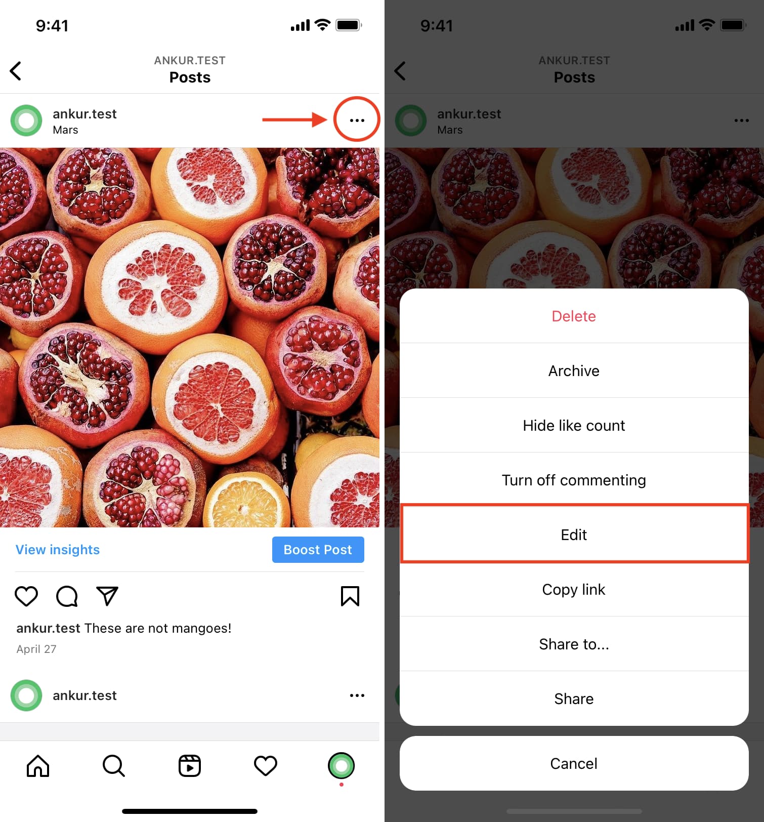 Tocca il pulsante Altro per modificare la didascalia di Instagram