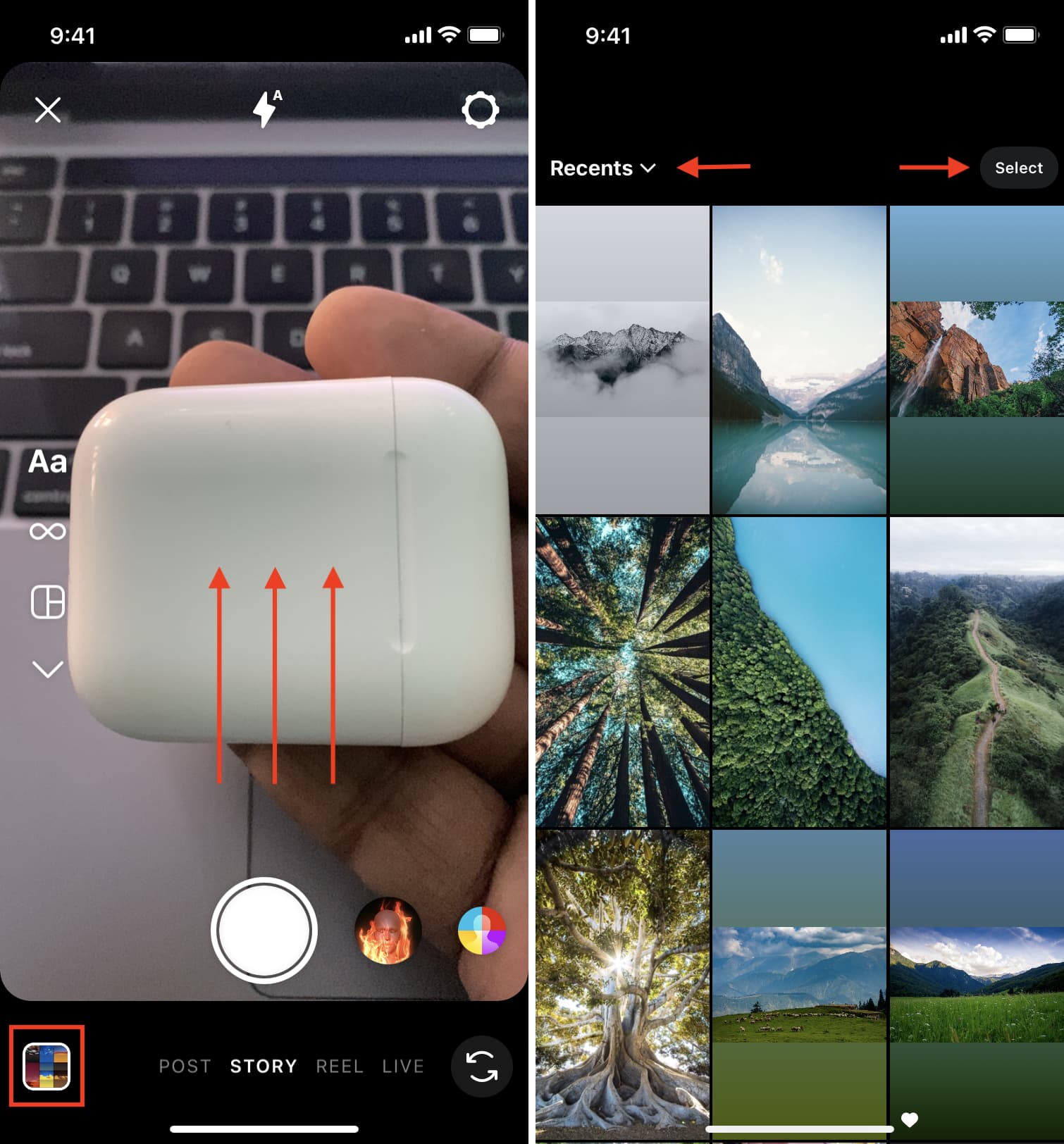 Scorri verso sinistra, quindi scorri verso l'alto per pubblicare la storia su Instagram dal Rullino fotografico