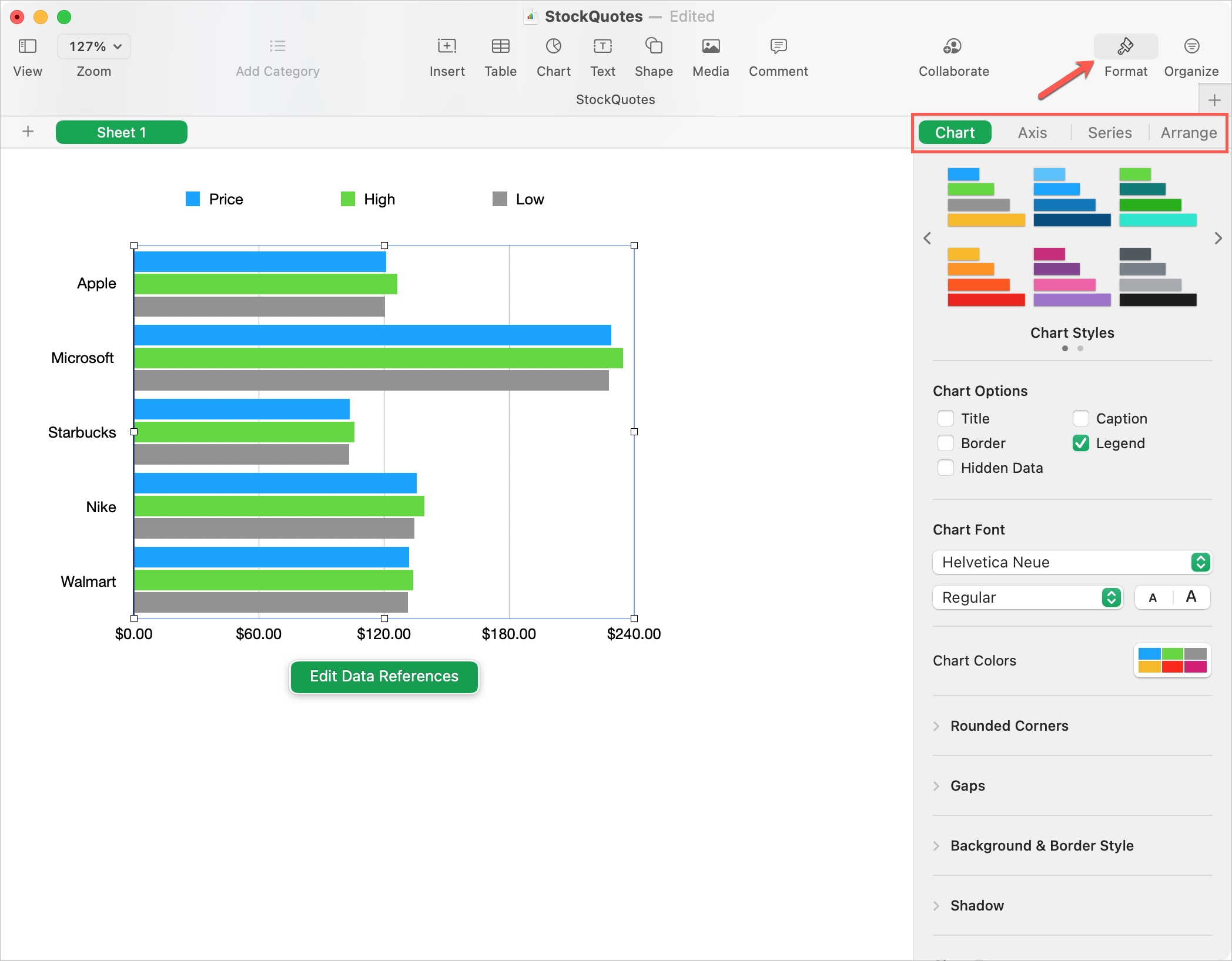 Formatta un grafico in Numbers su Mac
