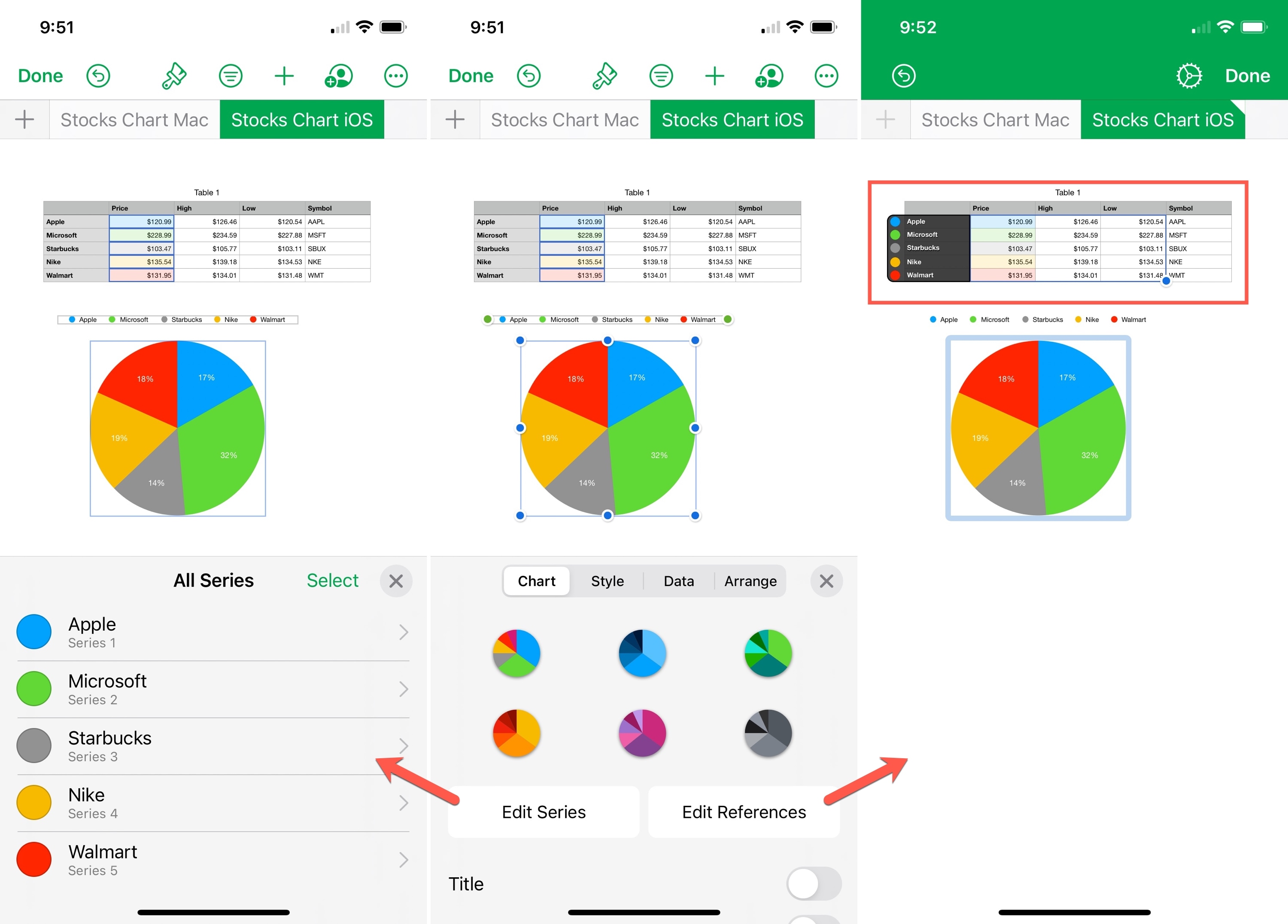 Modifica i riferimenti ai dati per un grafico in Numbers su iPhone