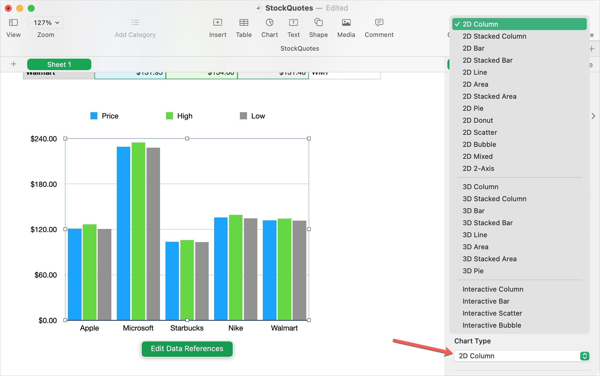 Modifica il tipo di grafico in Numbers su Mac