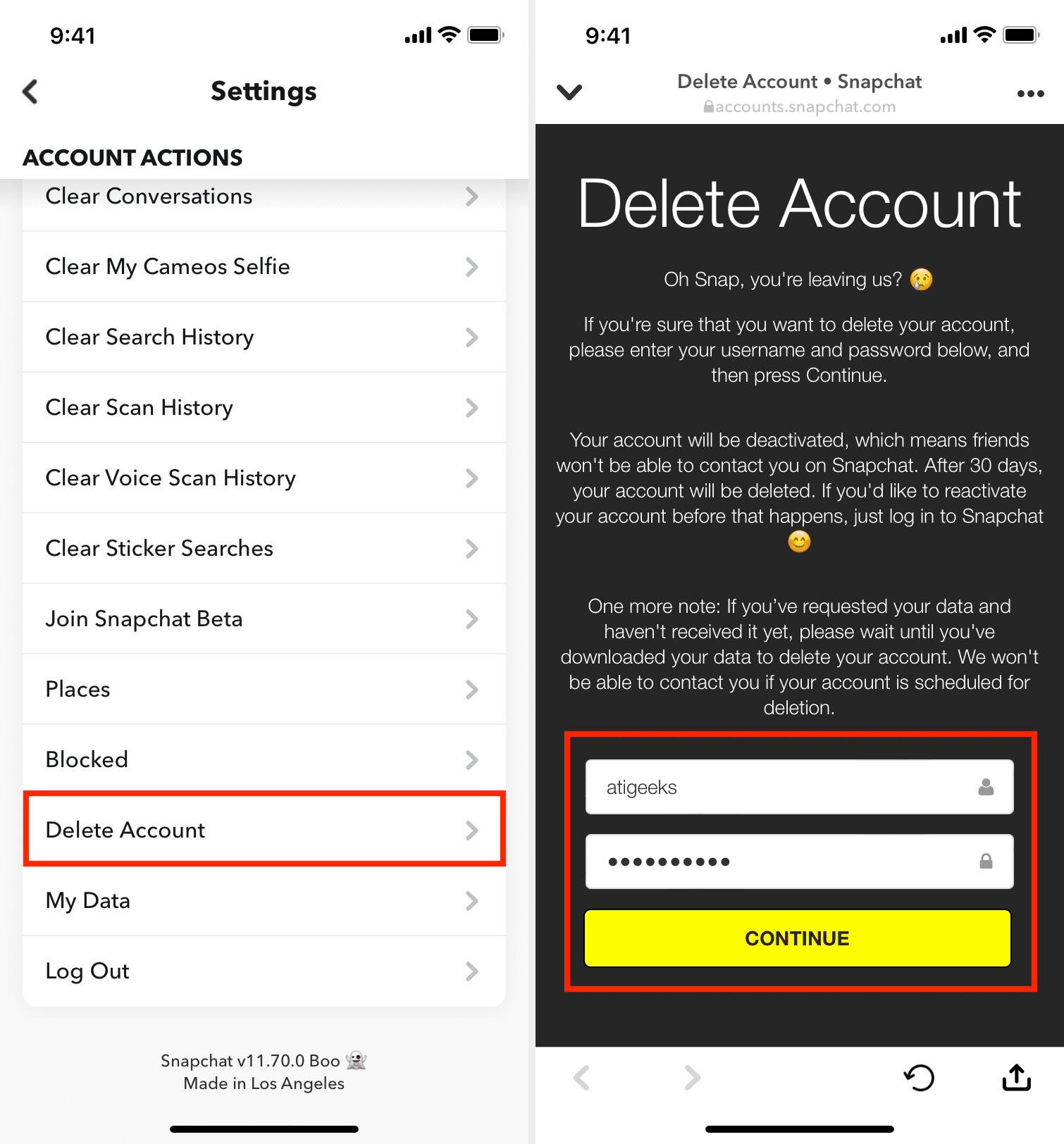 Elimina l'account Snapchat in modo permanente