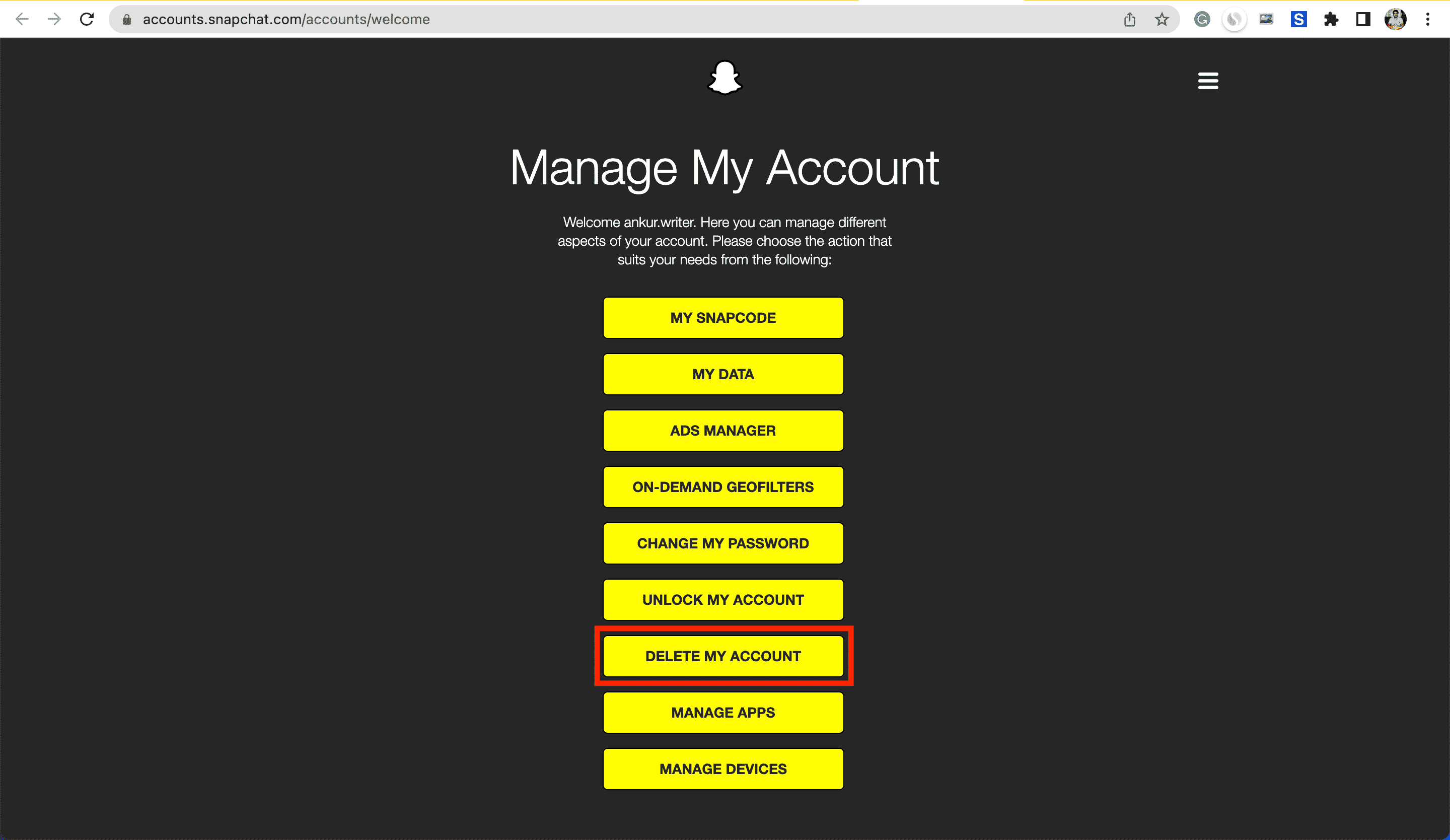 Elimina il mio account su Snapchat in un browser web
