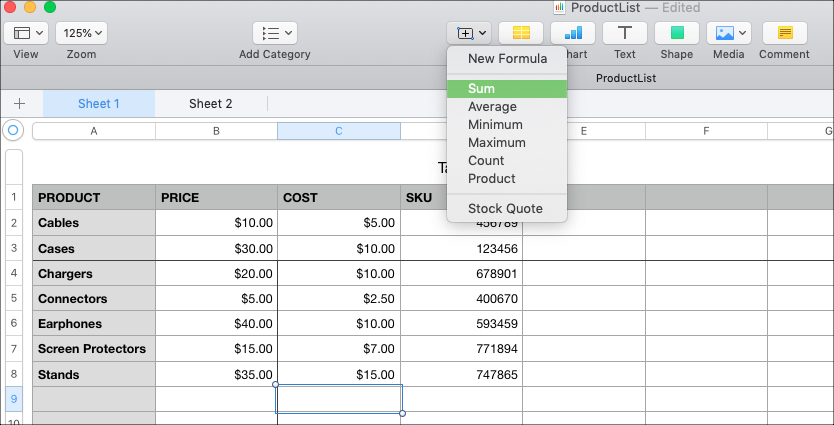 Inserisci la formula in Numbers su Mac
