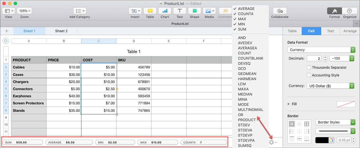 Visualizzazione rapida delle formule in Numbers su Mac
